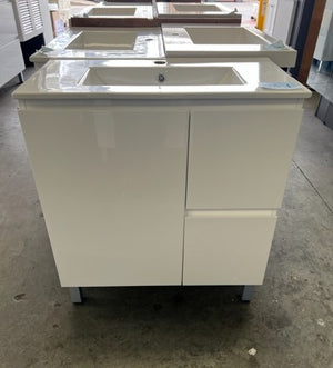 750mm Aria ensuite white gloss finger pull 1 door, 2 drawer vanity with porcelain top