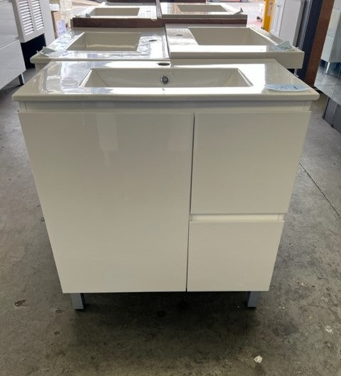 750mm Aria ensuite white gloss finger pull 1 door, 2 drawer vanity with porcelain top