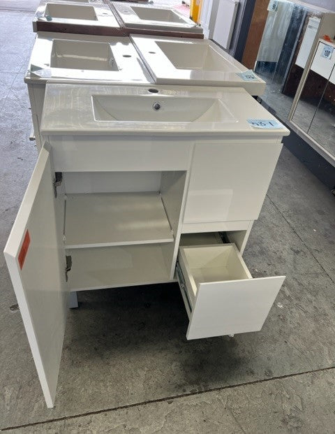 750mm Aria ensuite white gloss finger pull 1 door, 2 drawer vanity with porcelain top