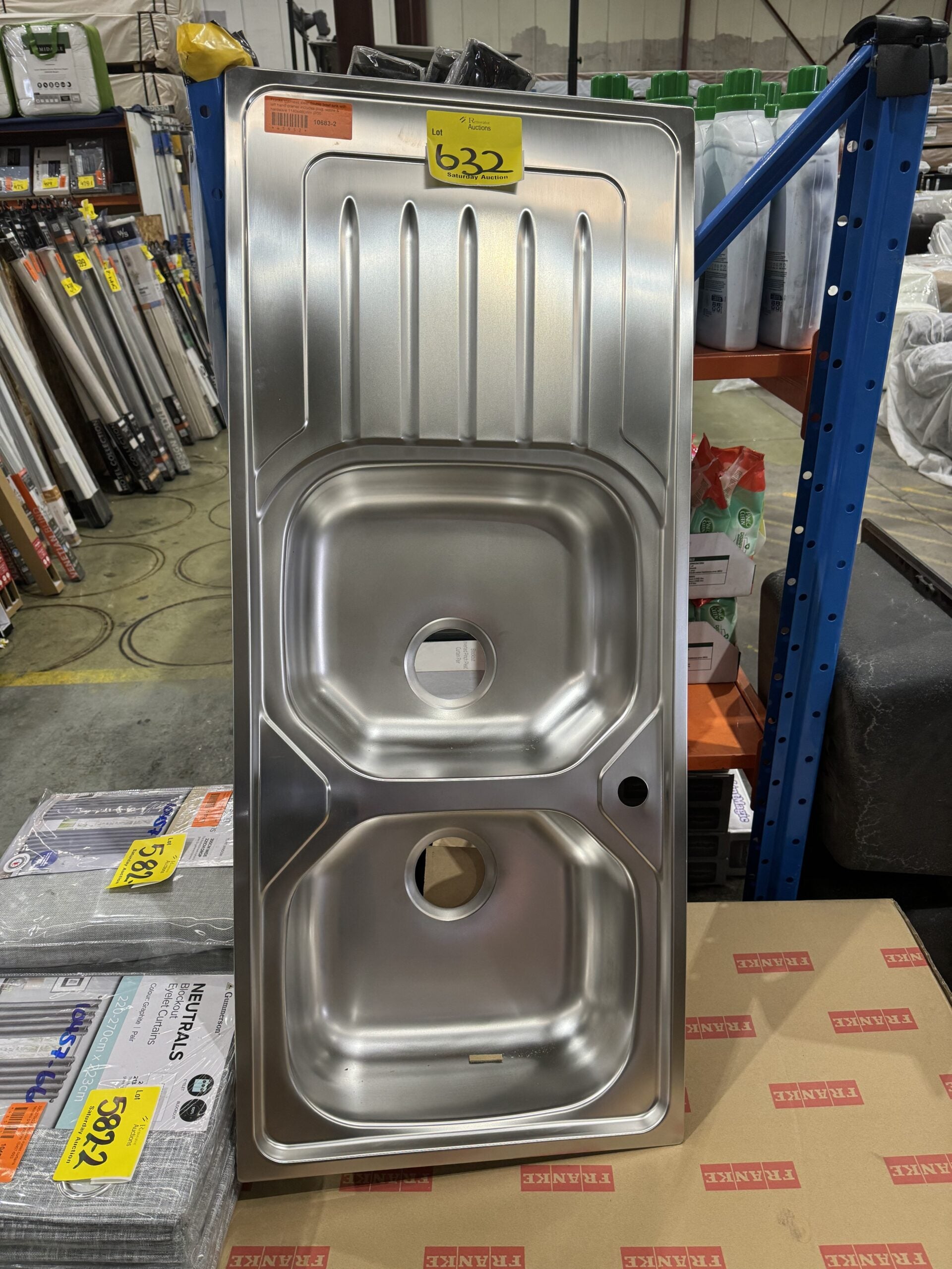 Franke stainless steel double bowl sink with left hand drainer includes plug, waste & hardware.  Size 1140 x 480mm  Model P000580010