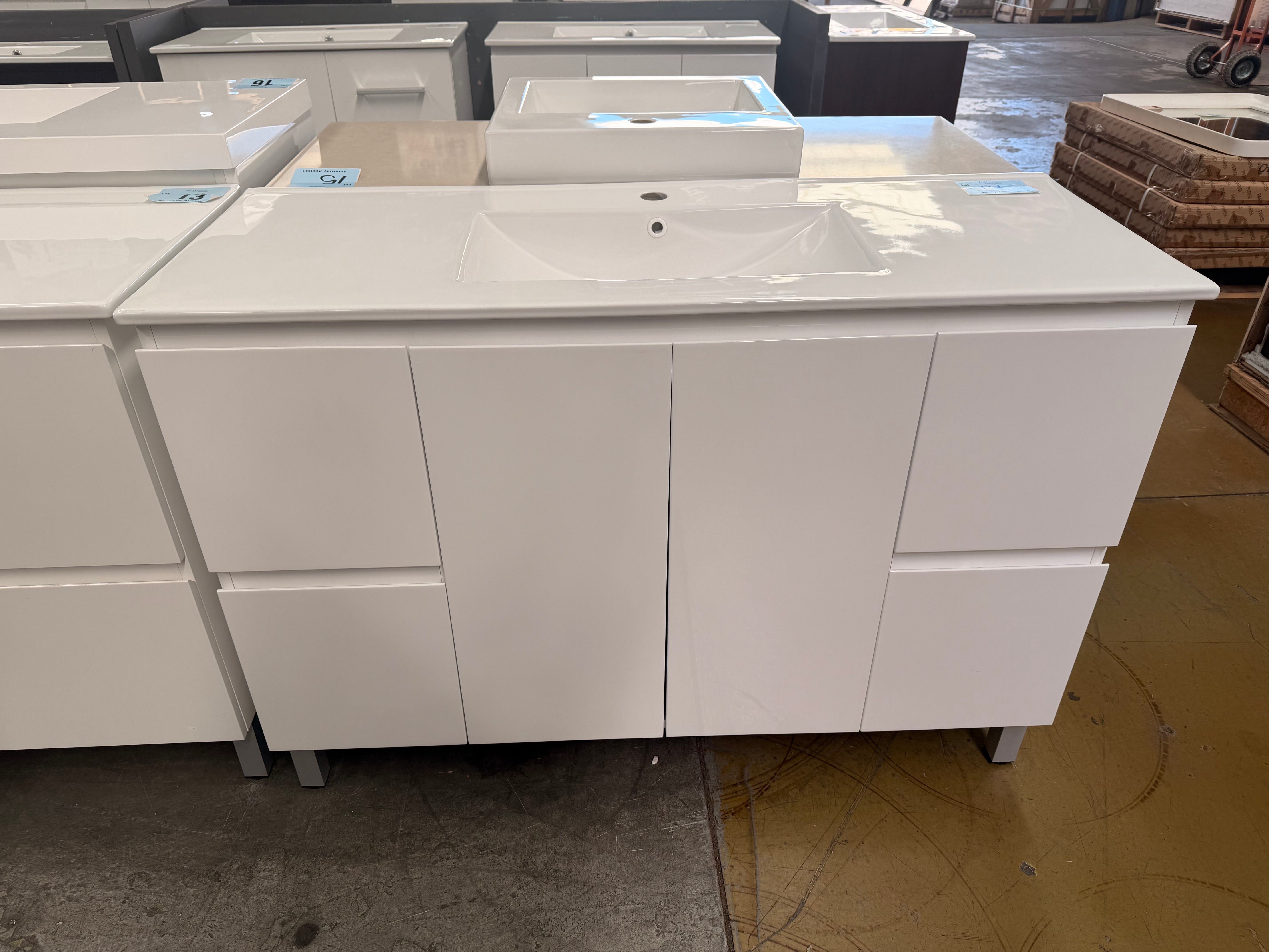 1200mm Aria white gloss finger pull vanity with White porcelain top (Pick up only)