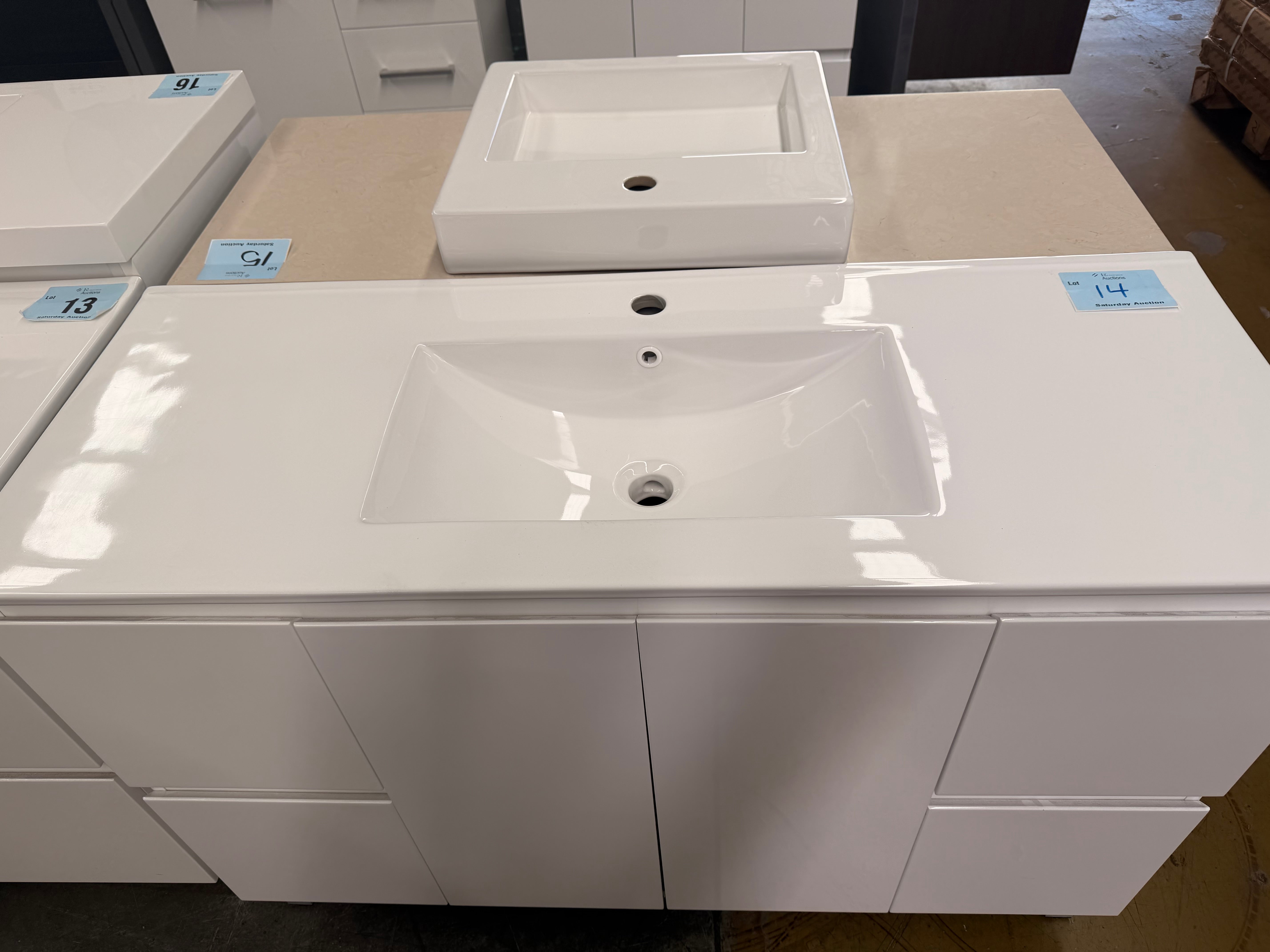 1200mm Aria white gloss finger pull vanity with White porcelain top (Pick up only)