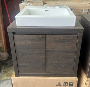 600mm block dark timber veneer 2 door wall hung vanity with raised white porcelain bowl