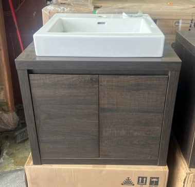 600mm block dark timber veneer 2 door wall hung vanity with raised white porcelain bowl