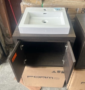 600mm block dark timber veneer 2 door wall hung vanity with raised white porcelain bowl