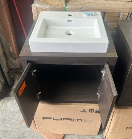600mm block dark timber veneer 2 door wall hung vanity with raised white porcelain bowl