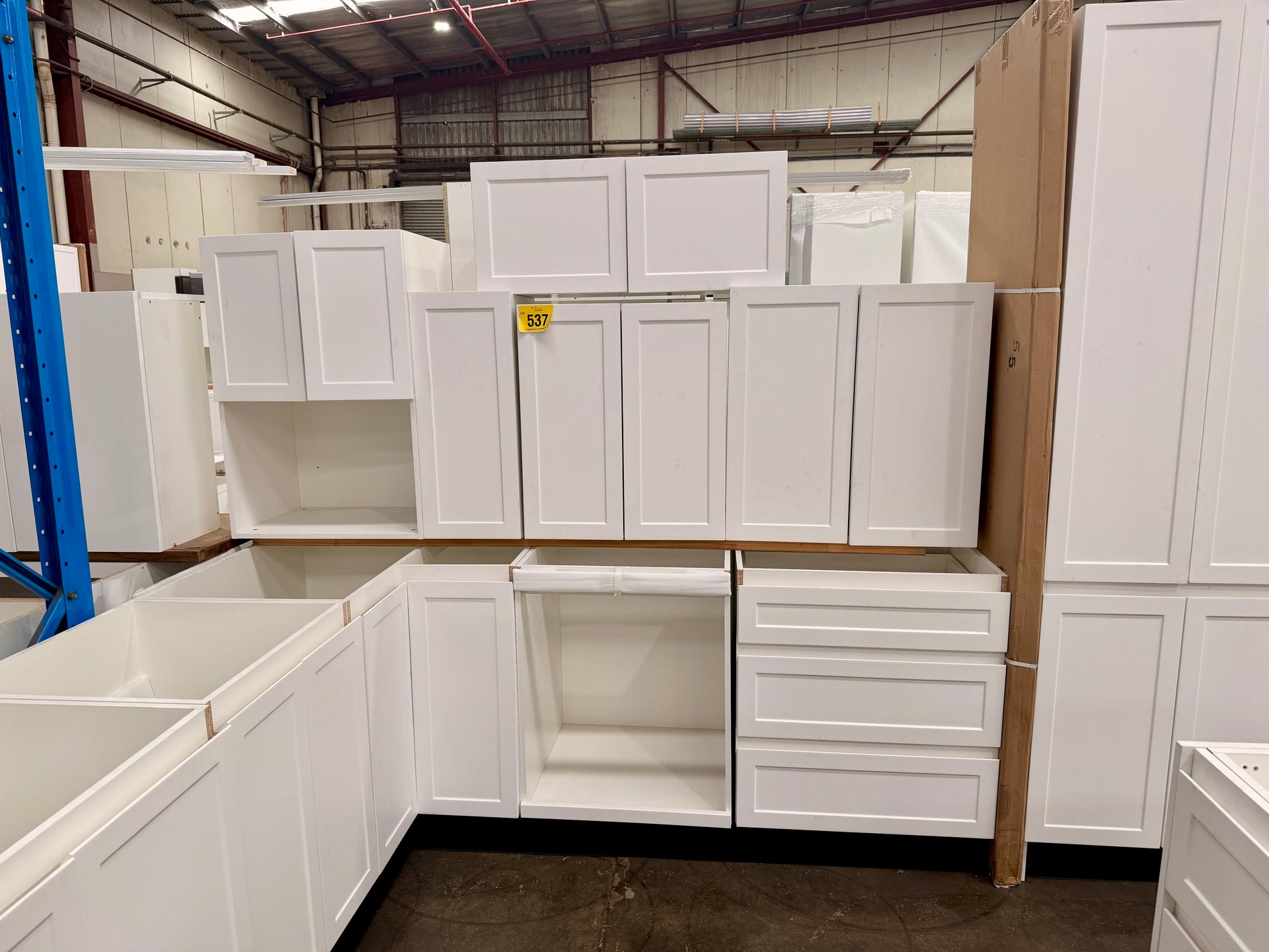 White Satin Hampton L shape kitchen with island bench