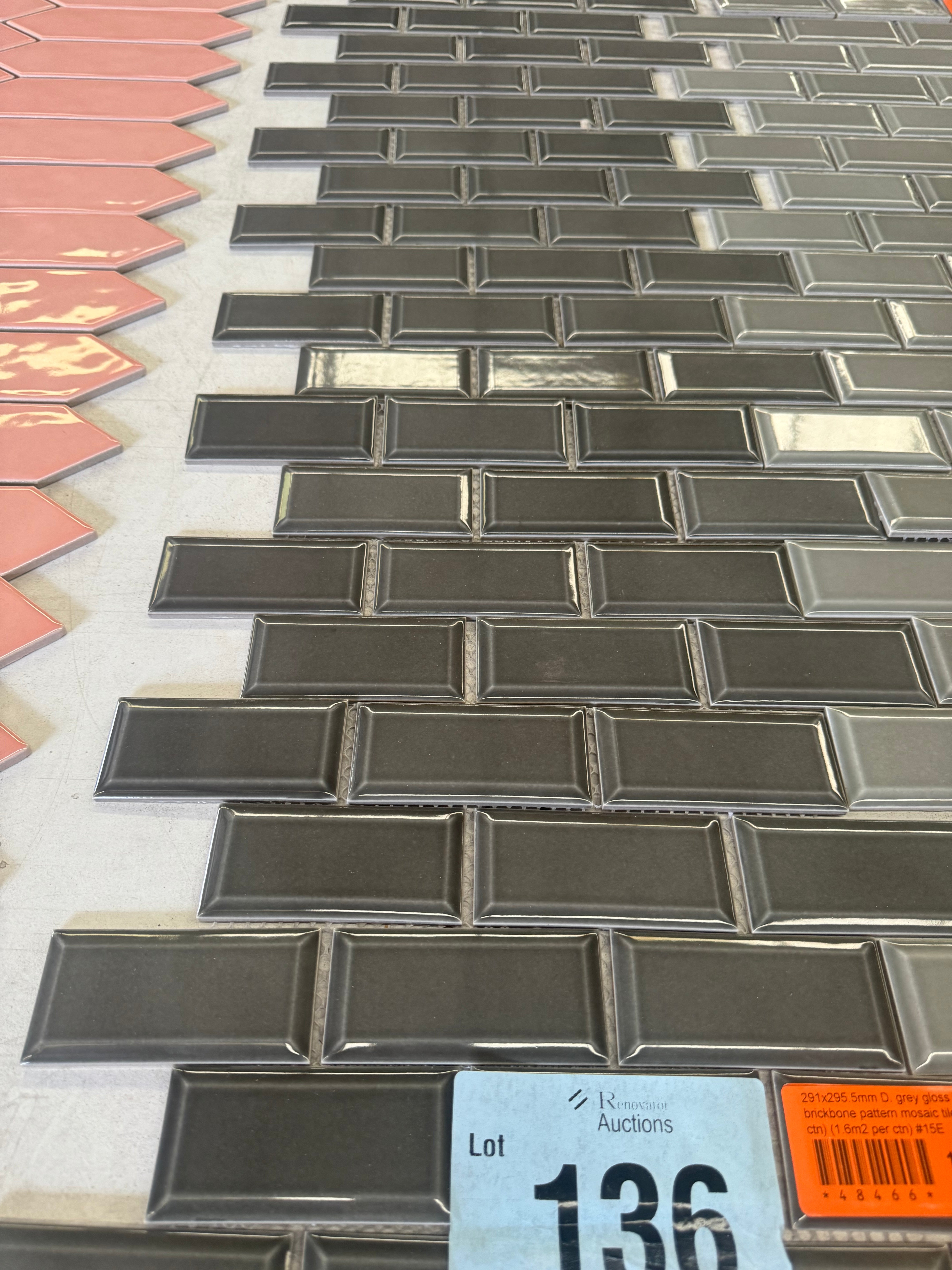 Carton of 18 sheets 291x295.5mm Deep grey gloss porcelain mosaic tile (Pick up only).