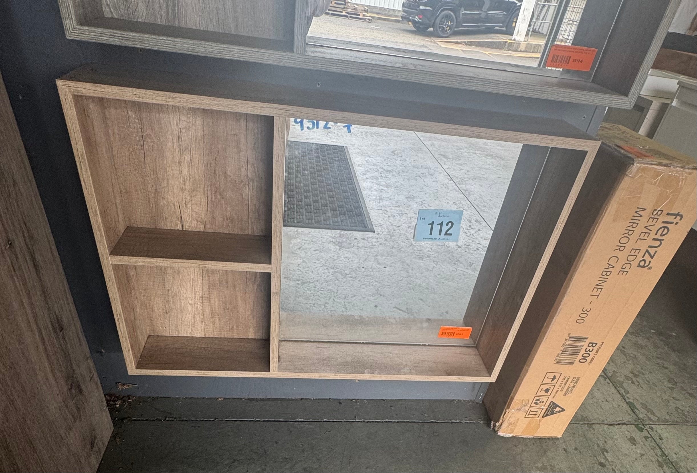 900x600mm Costa Oak midi shaving mirror with shelves (Pick up only).
