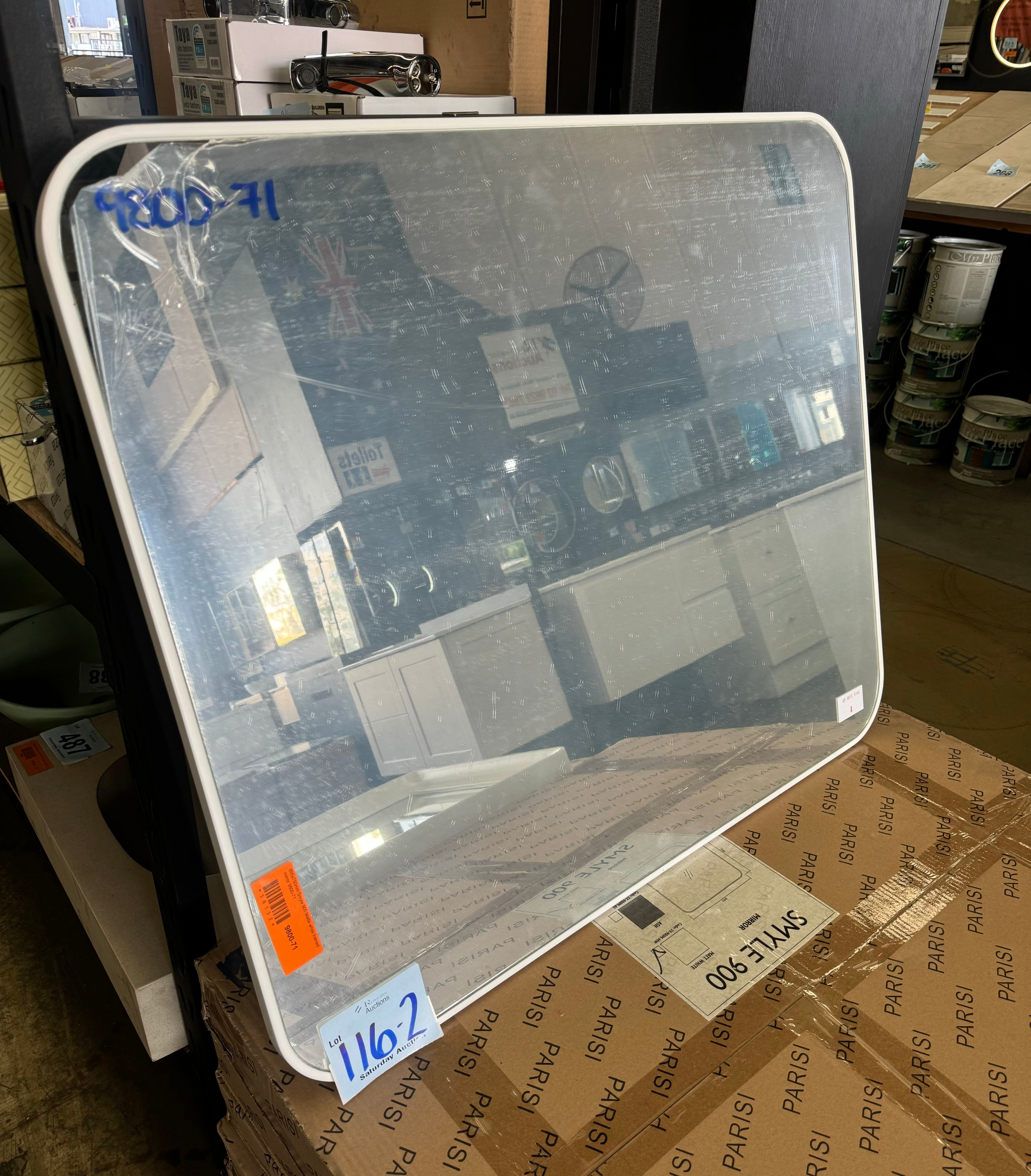895x750mm Smyle 900 matte white framed mirror (Pick up only).