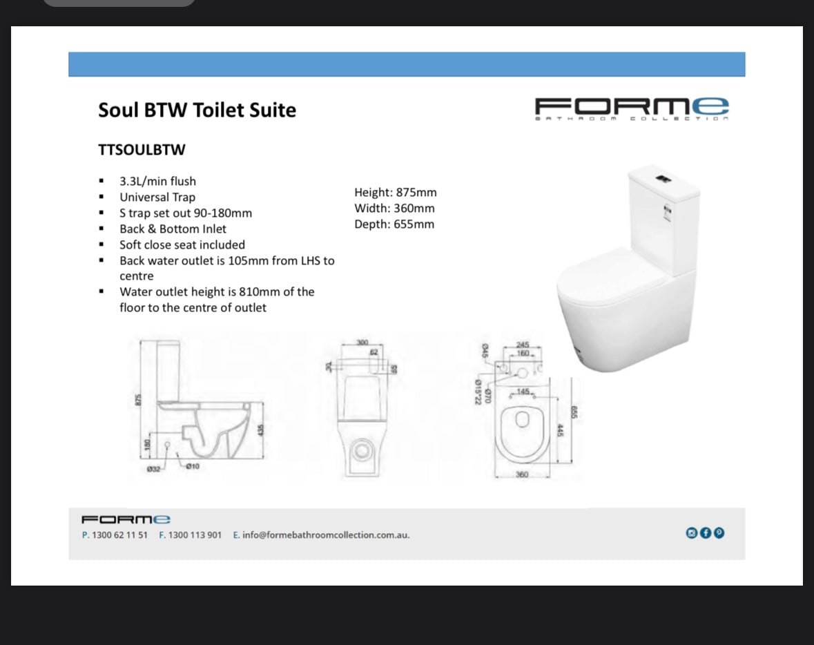 Soul Back to wall white toilet suite (Pick up only).